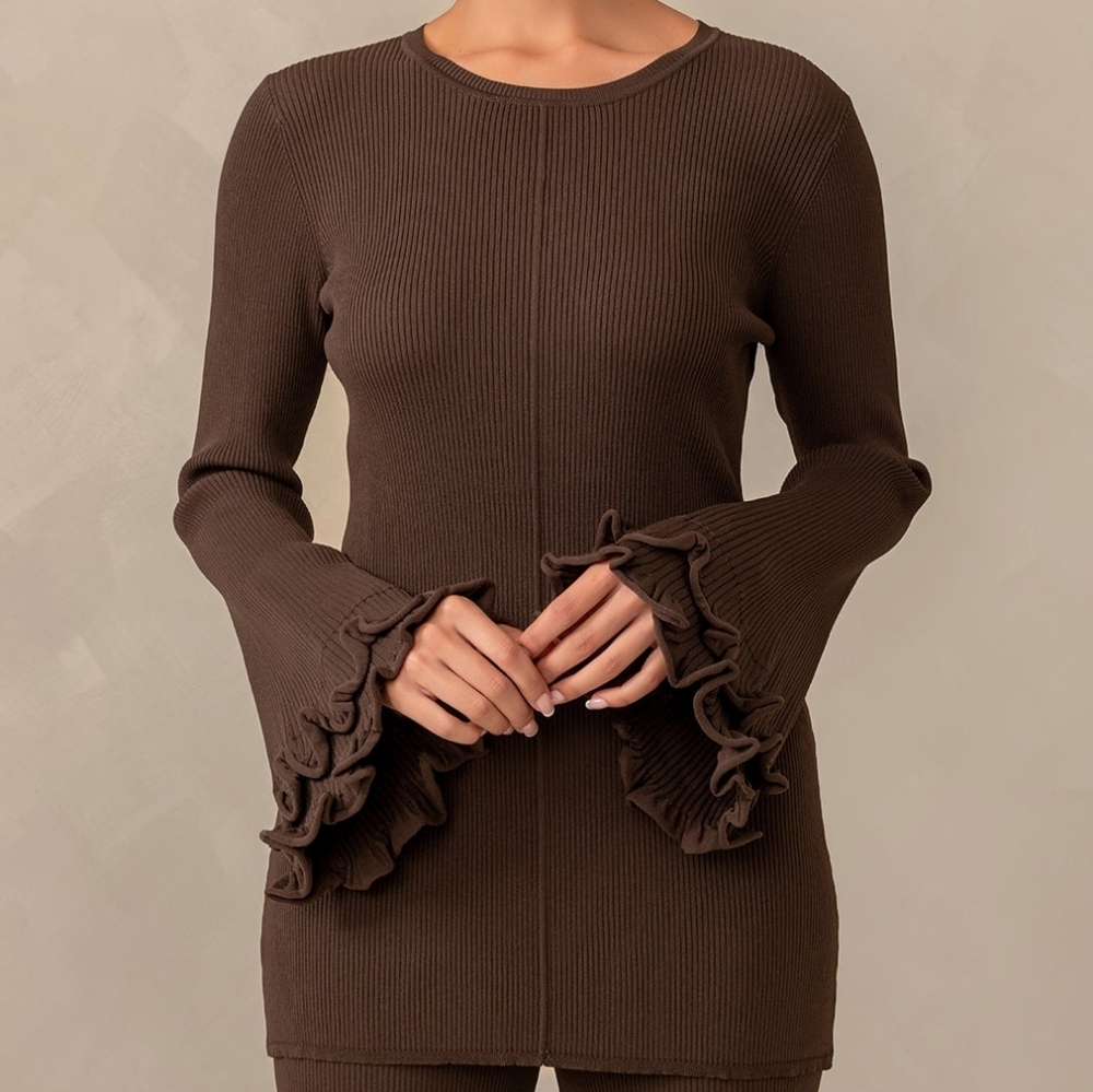 Olivia Ruffle Long Sleeve Knit Top - Brown
